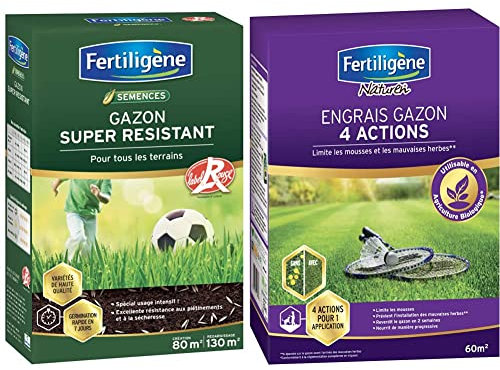 Fertiligene Gazon Super Résistant Label Rouge, 80m² & Engrais Gazon 4 Actions, 2,45kg, 60m²