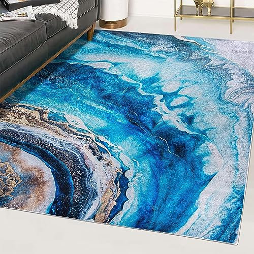 Mazovia Modern Teppich - Kurzflor Waschbar - Weich Teppich für Wohnzimmer, Schlafzimmer, Esszimmer – Teppiche Marmor Abstrakt Muster - Blau 80 x 150 cm