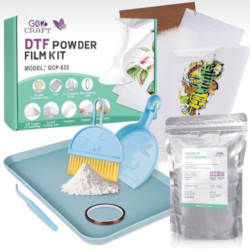 GO2CRAFT DTF Transfer Flim Powder Kit, 20 Stück DTF-Film für DTF-Sublimationsdrucker, 500 g weißes digitales Heißschmelzkleber, DTF-Pulver, DTF-Transfer-Starter-Set für T-Shirt, Geschenke