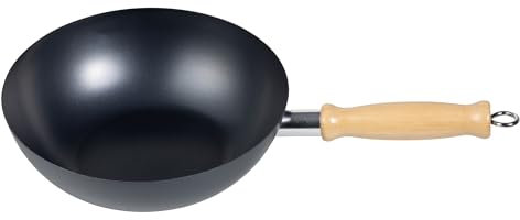 Jazooli Carbon Steel Wok Non Stick - Carbon Wok Cooking Pot with Wooden Handle, Large Frying Pan, Wide Flat Base, for Electric and Gas Hobs, 3 Sizes (25cm 2.5L, 30cm 3L, 35cm 5L)