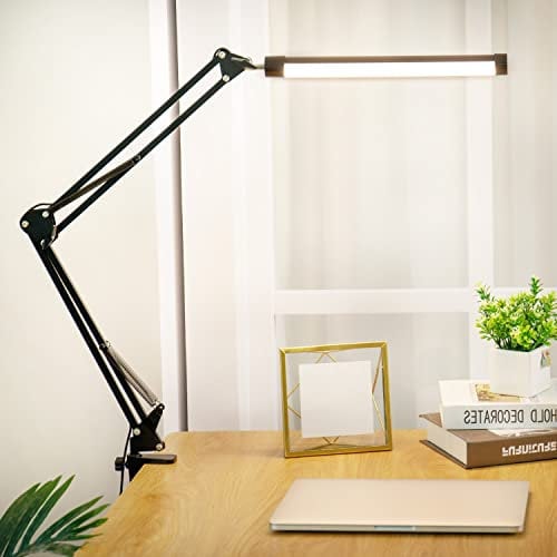 Schreibtischlampe LED, Verstellbarer Schwenkarm Schreibtischleuchte mit Klemme, USB-betrieben Dimmbar Augenschonend Lektüre Tischleuchte, 3 Modi, 10 Helligkeitsstufen, Memory-Funktion für Heim, Büro