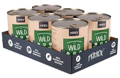 PRIMOX® Fleischmecker Hunde-Nassfutter | Getreidefrei | 70% Fleisch & Innereien | Made in Germany & 100% Natürlich | Omega-3 für Haut & Fell | Gluten- & Laktosefrei (Wild, 6x800 g)