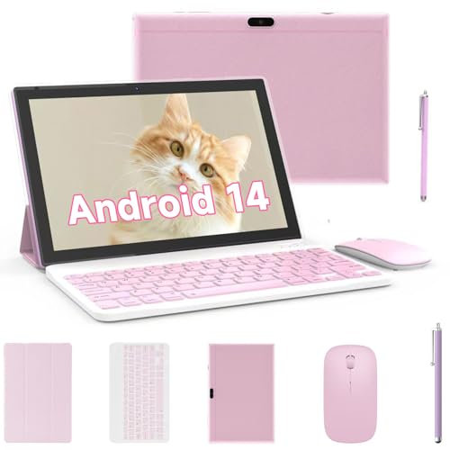 Tablet 2 in 1 Tablets 10 inch Android 14 Tablet Set with Keyboard Case Mouse Stylus Pen, 8GB+64GB Tablets 10.1 HD Touch Screen Tab, 2MP+8MP Dual Camera 6000mAh battery WiFi6 Bluetooth Tableta PC Pink