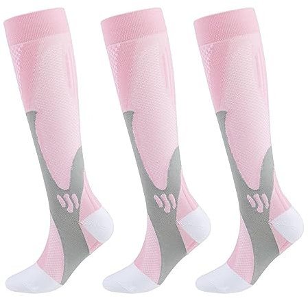3 Paar Minasamed KompressionsstrüMpfe Damen, Herren Stützstrümpfe Bunte Kompressionssocken für Jogging (Rosa, S-M)
