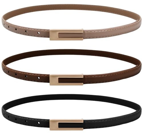 Tibapla 3 Stück Schmaler Taillengürtel für Damen, Schmaler Ledergürtel mit Metallschnalle Verstellbarer Dünner Gürtel, Damen Skinny Retro Taillengürtel für Jeans Freizeithosen Kleider, 105 cm