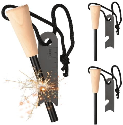Cresbel 3 Stück Feuerstahl: Survival Feuerstein, Feuerstarter Set mit Paracord Zunder, Feuerstein mit Extrem Starker Funkenflug, Feuerstarter für Camping, Outdoor, Bushcraft, Survival