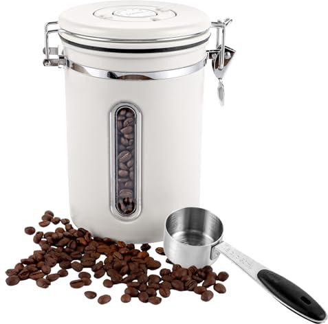 MUXHEL Lata de café de 1800 ml, hermética con ventana transparente, recipiente de granos de café de acero inoxidable con pala, 623 g de granos de café, color blanco, para té, nueces, cacao, café