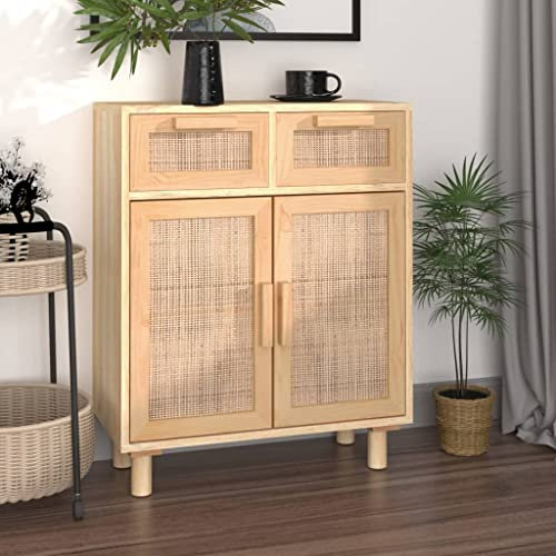 UTSRABFA Anrichte Vitrinenschrank Beistellschrank Flurschrank Sideboard Braun 60x30x75 cm Massivholz Kiefer und Natur-Rattan Geeignet für Flur, Arbeitszimmer, Küche, Esszimmer