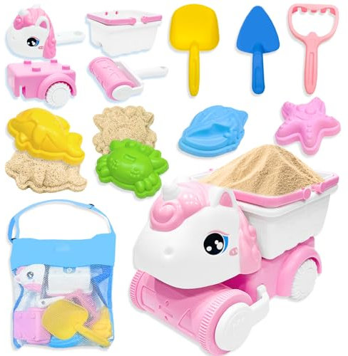 VBACALA Sandspielzeug,11 PCS Sandkasten Spielzeug mit 4 in 1 abnehmbarem Einhorn Strandbuggy,Netzbeutel,Sandschaufel und Meerestiere Sandförmchen Sandspielzeug Set,Sand Strandspielzeug ab 3 Jahre