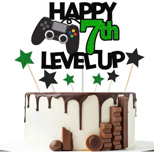 Gidobo Kuchendekoration zum 7. Geburtstag, glitzernde Kuchendekorationen mit Controller-Thema, 7 Jahre altes Videospiel, Geburtstagsparty-Zubehör für Jungen