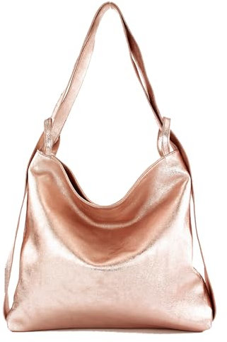 modamoda de T192 Damen Leder Rucksack Schultertasche 2in1 handmade in Italy, Farbe:Roségold-Metallic