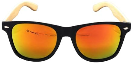 Rennec Retro Sonnenbrille Polarisiert Verspiegelt Orange Holz Bambus Bügel Nerd Brille Schwarz Anglerbrille Hardcase