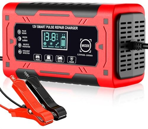 Autobatterie Ladegerät, 12V/6A Smart vollautomatische KFZ Batterieladegerät mit Temperaturkompensation für Auto LKW Motorrad Rasenmäher Boot Marine Batterien Rot (Rot)