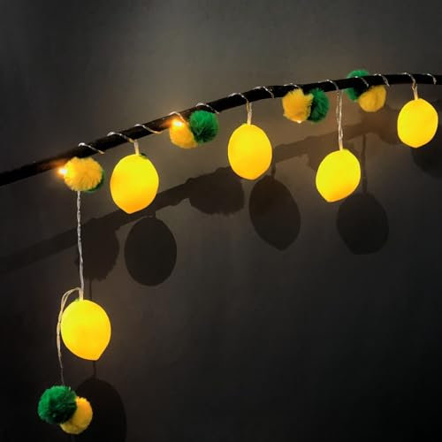 Riaxuebiy Gelb Zitrone Dekor Lichterkette 10LEDs Plüschball Pom Nachtlicht Batteriebetrieben Timer Obst Lichterkette Innenbereich Kinderzimmer Weihnachten Zitronenparty Dekor (1.65m/10led)