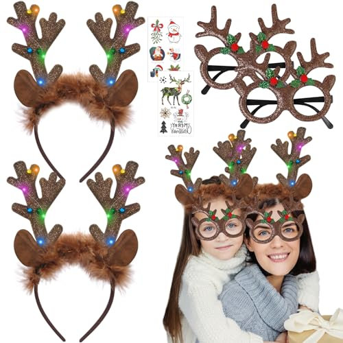 TZQFROCE LED Rentier Haarreif 2 Stück Geweih haarreif Weihnachten Stirnband Rentier Geweih Stirnbänder Weihnachts Haarschmuck für Kinder und erwachsene