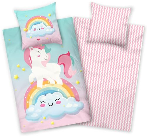 Aminata kids Bettwäsche 135x200 Kinder Mädchen Baumwolle Einhorn türkis Wende-Kinder-Bettwäsche-Set Regenbogen Unicorn Pferde-Motiv Tiere Tier-Motive Einhörner