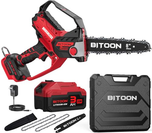 BITOON 8 Inch Mini Chainsaw with 3.0Ah Battery and Charger, Auto-Oiler, Brushless Cordless 8-Inch and 6-Inch 2-in-1 Pruning Chain Saw, Portable Electric Chainsaw for Cutting Firewood, Branches Red