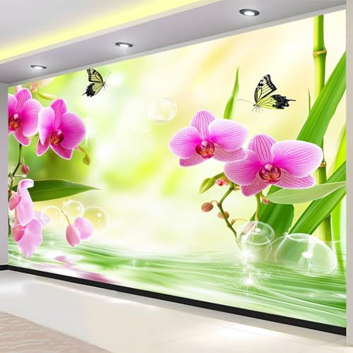 Grüner Bambus Fototapete 250 x 175 cm Orchideen und Schmetterlinge Vliestapete 3D Effekt Wohnzimmer Schlafzimmer Modern Wandtapete Bar, KTV, TV Hintergrund Wandbild Tapete Wanddekoration
