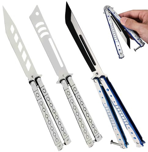 3 Stück Butterfly Trainer: Butterfly Messer zum Üben Ungeschärfte Klinge, Butterfly Kamm Edelstahl für Trainingsmesser AnfäNger-Der Flipping Tricks üBt (Silber + Silber + Blau)(5)