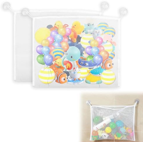 Toy Storage Bags, 2PCS Large Bath Toy Net 45x35cm Toy Tidy Organiser Quick Dry Mesh Bags with Strong Suction Cups Premium Fold-Able Dacron Storage Net Bag for Bathroom and Bedroom Accessories