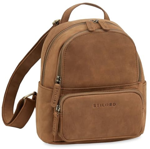 STILORD 'Sue' Rucksack Damen Leder Elegant - Kleiner Damenrucksack modern - Cityrucksack Daypack Mini Tagesrucksack diebstahlsicher - Lederrucksack Frauen Echtleder, Farbe:tan-dunkelbraun