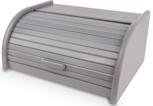Petit coffre à pain en bois gris, équipé d'un mécanisme d'ouverture en forme de volet roulant. Structure durable, matériau naturel, élégance intemporelle, disponible en différentes versions