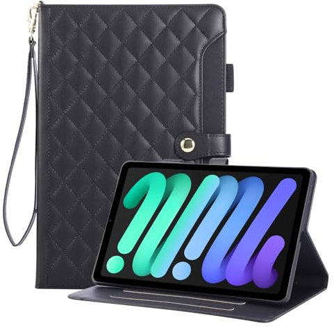 Rosbtib Funda para iPad Mini 2024 (A17 Pro, 7 Generación)/iPad Mini 6 2021 8.3, Funda de Piel PU Bordada a Cuadros con Correa de Mano, Soporte y Cierre magnético para iPad Mini 7/6 - Negro