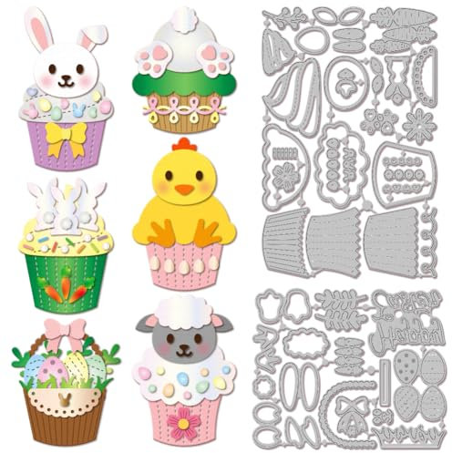 GLOBLELAND Stanzformen Mit Oster Tier Cupcakes Metall Kaninchen Huhn Stanzungen Eier Und Blumenkorb Stanz Und Prägevorlagen Für Scrapbooking Basteln Papierkartenherstellung