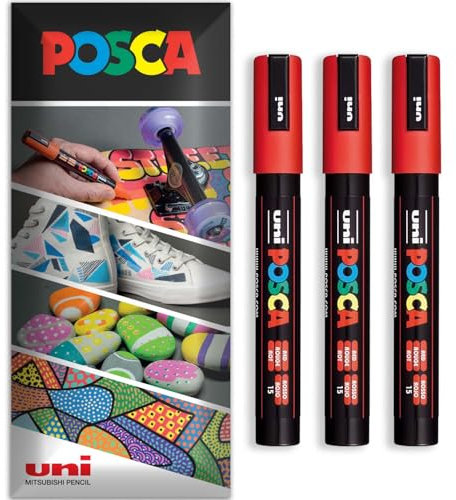 Posca - Water Based Permanent Marker Paint Pen - Multi Surface Use - PC-5M - Pack of 3 Pens in Wallet (Red)