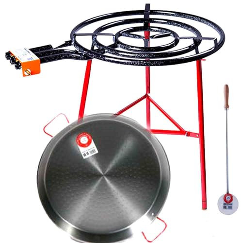 Cooking Set for Outdoor Garden kit 70 cm Pan Polished Steel, 70cm Gas Burner, Reinforced Trippod, 60cm Spoon
