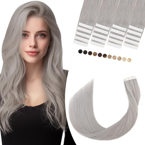 Elailite Extensions Echthaar Tape Grau, 20 Stück 30g Unsichtbar Kleber Haarverlängerungen Glattes 35cm # Hellgrau