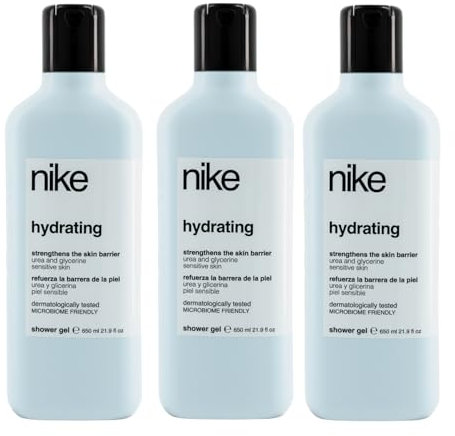 NIKE - Gel de Baño Hidratante 3x650 ml, Pack 3, Gel Ducha, Hidratación, con Urea y Glicerina, Refuerza la Barrera de la Piel, Fórmula Respetuosa con el Microbioma Cutáneo, Cuidado Avanzado de la Piel