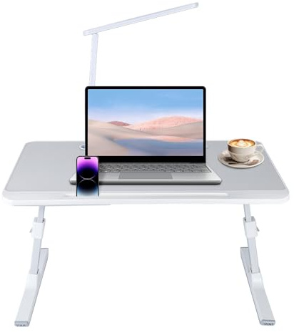 Tragbarer Betttisch mit LED-Lampe und Schublade, Laptop-Schreibtisch für Sofa, Studium und Lesen, höhenverstellbar, mit 3 verstellbaren Winkeln (Grau)
