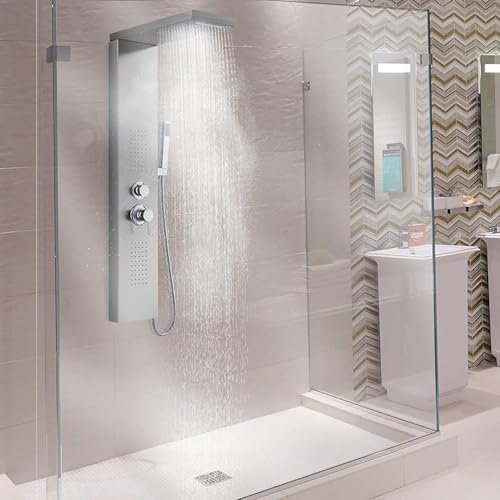 Pannello doccia idro cromo satinato con cascata Boston - Kit, accessori bagno, doccino per, set completo, colonna, asta soffione e doccetta, design moderno, installazione semplice