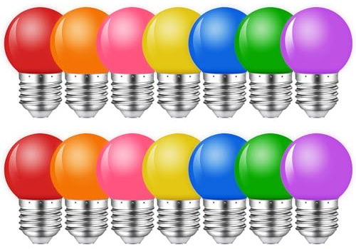 MZYOYO 14er Pack Bunte Glühbirnen E27 LED Birne 2W,G45 Farbige Glühbirne E27 Außen,Bunt Leuchtmittel für Lichterkette Party Weihnachten Deko,Rot Grün Blau Orange Gelb Rosa Violett,Kunststoff