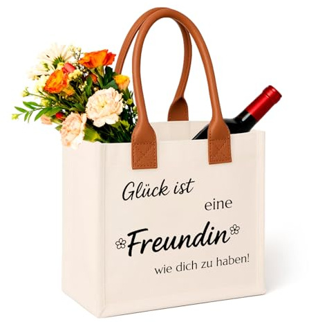 PIujsym Freundin Geschenk Canvas Shopper Tasche, mit Spruch, Beste Freundin Stofftasche mit Ledergriffen zum Emotionales Geschenk Beste zum Geburtstag