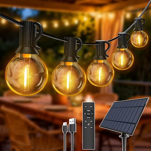 Hopexy Lichterkette Außen Solar 30m,50+2 G40 LED Glühbirnen Wetterfest IP65 | Wasserdichte Outdoor Solarbeleuchtung für Garten, Balkon, Party & Deko. Inkl. Fernbedienung, 3 Modi & Timer Warmweiß