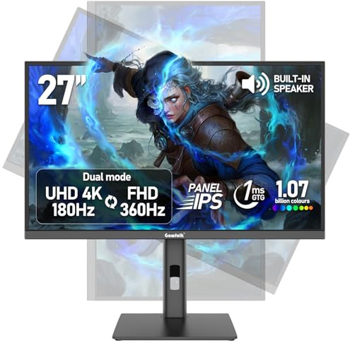 Gawfolk Monitor da gioco da 27 pollici, IPS UHD 3840x2160 4K 180Hz / FHD 360Hz Dual Mode Nero Monitor Computer