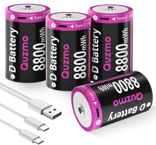 4-Pack Rechargeable D Batteries, 8800mWh 1.5V D Cell Lithium Battries with USB-C Charge Cable D Size Battery for Flashlight Floodlight Toys