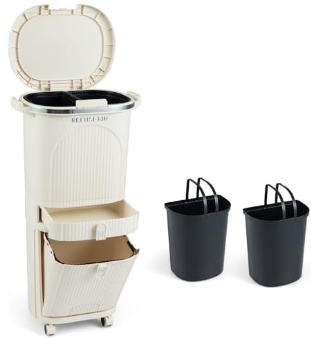 GIANTEX Poubelle Cuisine à 3 compartiments, 42 l, avec roulettes, avec tiroir, avec couvercle, pédale et poignée, système de tri sélectif, poubelle de cuisine en
