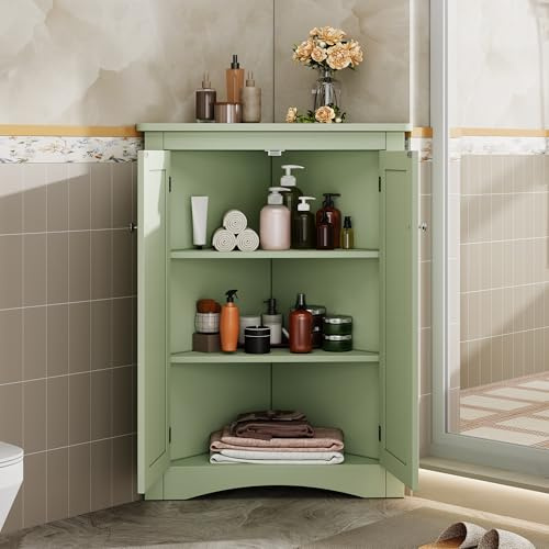 BNUZ Eck-Schrank Grün 60x90cm Freistehender 2-türiger Dreiecks-Schrank mit 3 Ebenen, MDF-Platte mit lackierter Oberfläche, platzsparend für Bad, Küche, Wohnzimmer