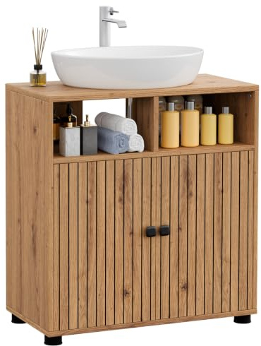ELUCHANG Meuble Salle de Bain, Meuble sous Lavabo, Étagères Réglable, Compartiments Fermés,Meuble de Rangement, Meuble Vasque Salle de Bain,90x30x60cm,Chêne Clair+Blanc