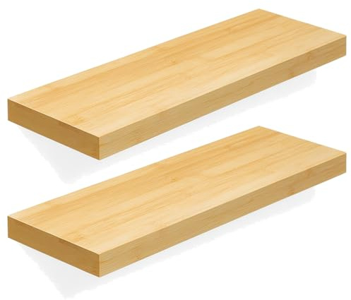 Begryf Wandregal Bretter 2er Set – Regalbretter 60x20x3,8 cm in Bambusoptik, Regalboden für Wohnzimmer Küche Flur Büro, stabil pflegeleicht, Industrial Loft Stil, Ablagebretter für Wandmontage