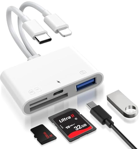 [Apple MFi Certified] 4-in-2 SD Kartenleser iPhone & iPad mit Light-ning & USB-C, Adapter SD Karte für SD/TF/USB 2.0/Type-C, 10W USB-C Ladeanschluss OTG Adapter für iPhone, iPad, MacBook, Samsung Gala