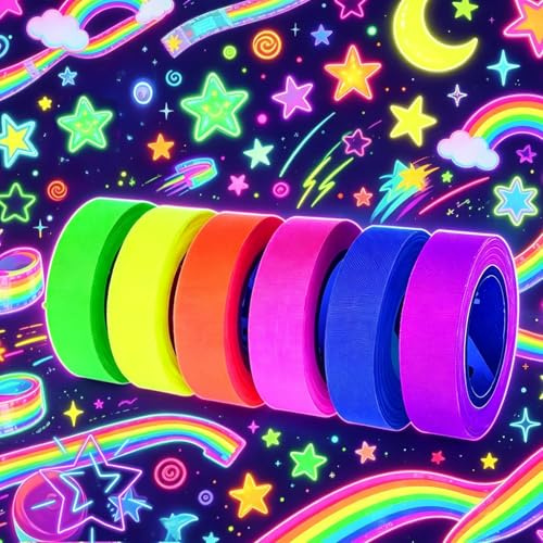 Neon Klebeband 6 Farben 15mm x 5m Fluoreszierend Gewebeband Beschriftbar | Schwarzlicht Party Deko UV Aktiv, rückstandsfrei ablösbar, Basteln Markierung Gaffa Leuchtband Dekoration Leuchtstoff