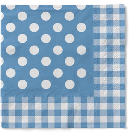 Sovie HOME Serviette Anton in BLAU, 3-lagiges Tissue, 33x33cm, 20 Stück, 1/4 Falz, Design weiße Punkte Karobordüre, hochwertig, festlich, dekorativ, Party, Feier