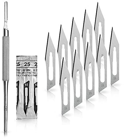 Set - 10 Stück Skalpellklingen Figur 25 aus Karbonstahl - Ersatzklingen einzeln steril verpackt + 1 x May - Skalpell-Halter mit rundem Griff - Edelstahl