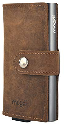 mogdi Mini Premium Herren Geldbörse, RFID/NFC Schutz, Slim Wallet mit Münzfach, Druckknopf & Kartenetui, aus A++ Echtleder, bis zu 6 Karten, Business Portmonee für Männer (Grau)