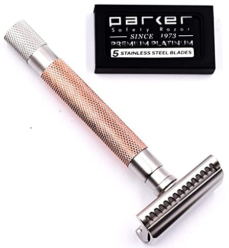 Parker's Semi Slant Rasierhobel und 5 Parker Premium Double Edge Rasierklingen – Roségold