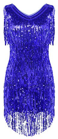 Agoky Damen Ärmellos Pailletten Kleid V-Ausschnitt Glitzer Quasten Partykleid Flapper Kostüm Tanzkleid Samba Tango Latein Outfits Royal Blau XXL